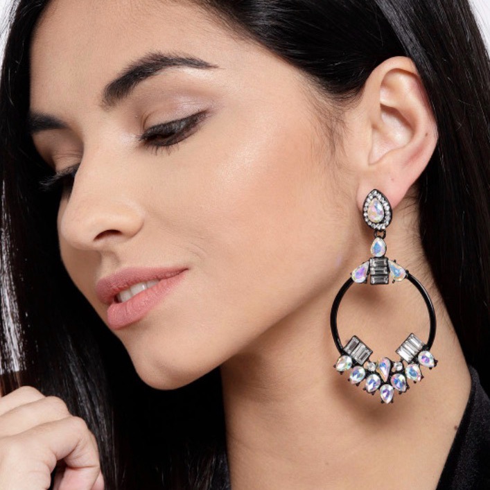 Crystal Elements Hoop Earrings On Black Ceramic | Statement Crystal Earrings